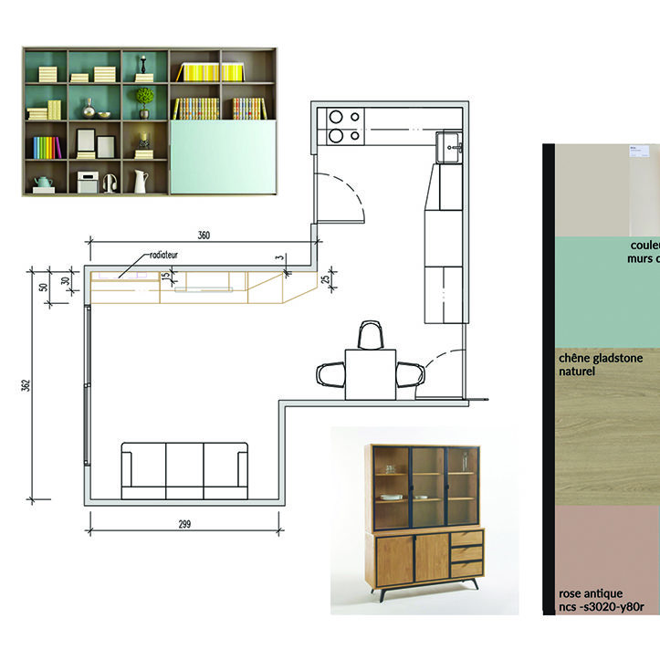 Conception d'un meuble de salon et mise en peinture des murs de l'appartement | St Julien-en-Genevois, 74 Plan Alemany A4 cm ref couleur et ambiance • Damien Jore