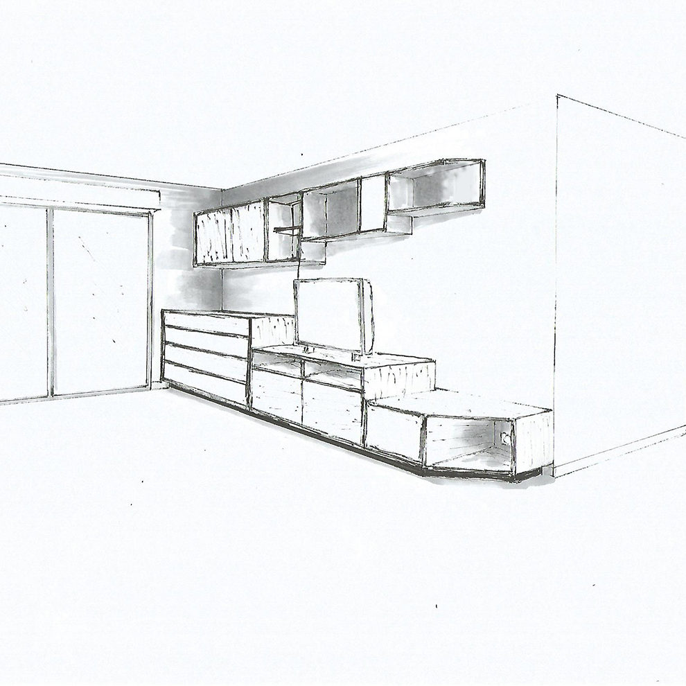 Conception d'un meuble de salon et mise en peinture des murs de l'appartement | St Julien-en-Genevois, 74 perspective ombree • Damien Jore